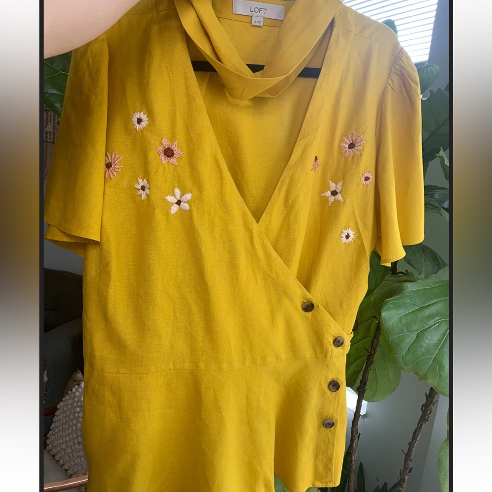 LOFT - Linen Mustard yellow wrap top with hand embroidery - Size XL